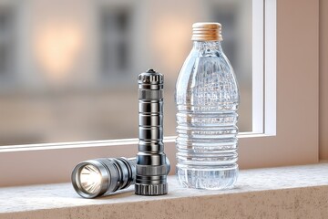 Flashlight and Water Bottle on Emergency Power at a Window During a Power Outage in a Quiet Room