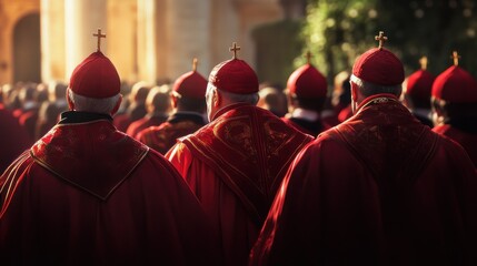 Fototapeta na wymiar A group of cardinals in red mitres and burgundy robes, seen from behind at a papal conclave outside the Vatican Palace, with soft sunlight creating dramatic highlights and shadows.