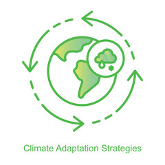 Vector icon for Climate Adaptation Strategies for Sustainable Development. Features a cyclical flow of sun, rain, and clouds, symbolizing climate management and resilience.