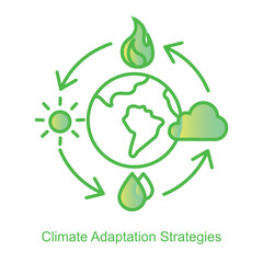 Vector icon for Climate Adaptation Strategies for Sustainable Development. Features a cyclical flow of sun, rain, and clouds, symbolizing climate management and resilience.