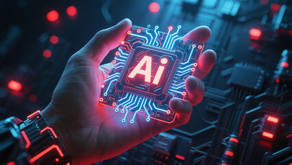 A hand holds a glowing circuit board with the letters Ai at its core, surrounded by intricate connections