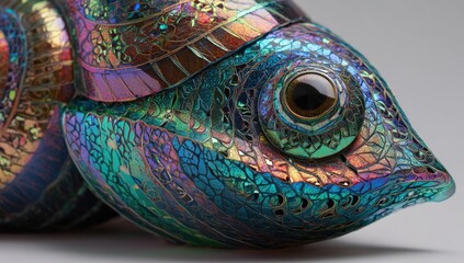 Close-up of a sculpted fish head, intricate mosaic of iridescent glass, and detailed patterns
