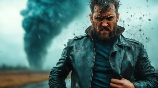 A determined man stands against an approaching tornado in a stormy landscape, showcasing his fierce resilience and emotional strength amidst nature's violent chaos.
