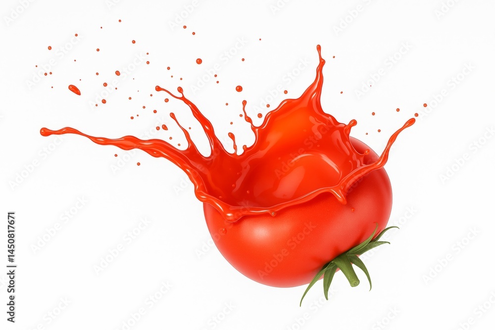 Poster ripe red tomato splashing with its juice on a white background, creating a dynamic and vibrant image