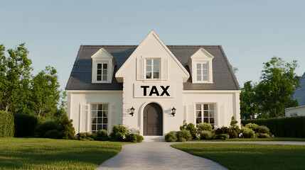 A residential house facade showcases the term "TAX," emphasizing property assessments. Landscape includes lawn, trees, and a stone walkway.