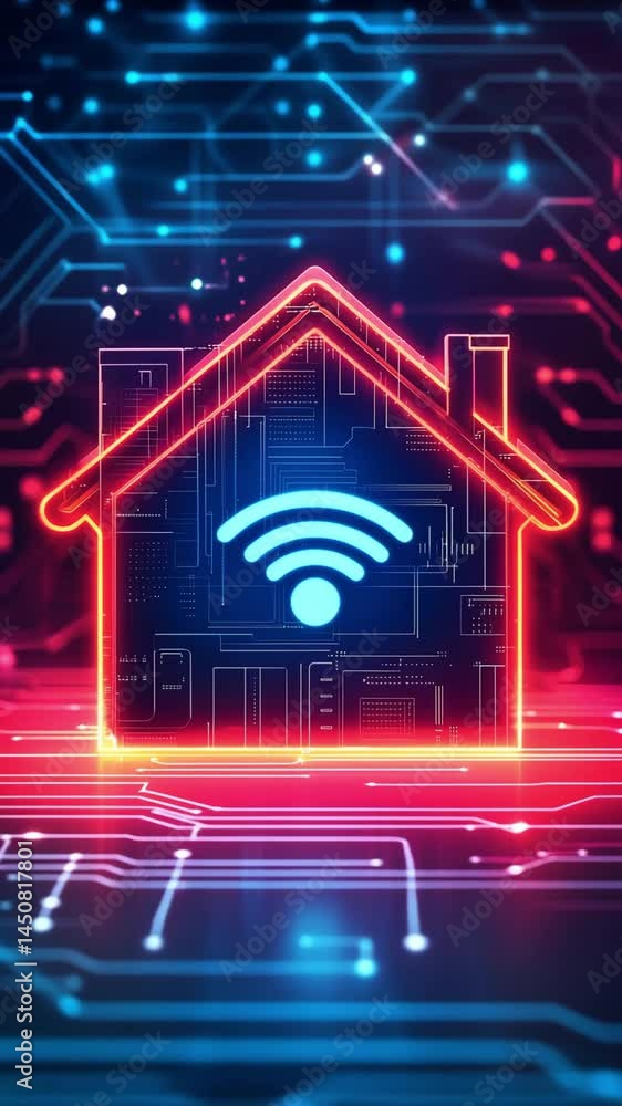 Poster a digital representation of a smart home with wireless connectivity, highlighting modern technology 