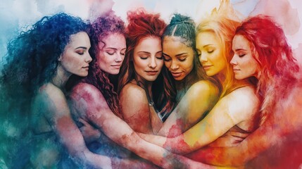 Unity and diversity: a group of diverse women embracing in a colorful watercolor design