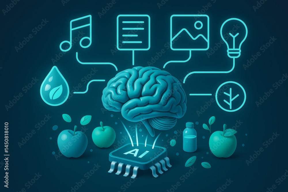 Poster artificial intelligence microchip powering a floating brain connected to glowing icons representing 