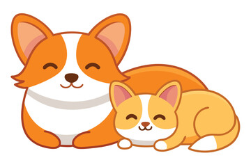 Fototapeta premium Cartoon adult corgi lovingly watches the puppy beside it on a transparent background