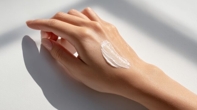 Hand with moisturizing cream on skin for skincare and beauty concepts