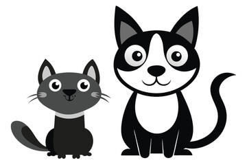 Cartoon cat and dog sit sweetly together with happy expressions on a white background