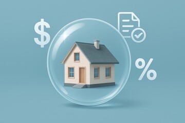Miniature house protected inside transparent bubble with dollar sign, percentage symbol, and checked document representing property investment, home insurance, and financial security