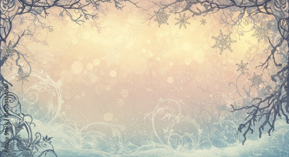 Poster intricate winter background with snowflakes, swirling patterns, and branches creating a serene and e