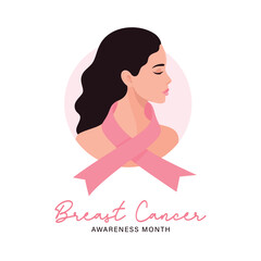 Elegant Woman Profile Silhouette with Pink Ribbon, Breast Cancer Awareness Symbol. Hope, Unity, Support Concept for Awareness Initiatives, Community Engagement. Vector Illustration