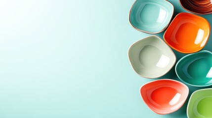 An elegant cluster of contemporary square bowls in assorted colors arranged artfully against a soft blue backdrop, embodying a modern artistic vibe for dining aesthetics.