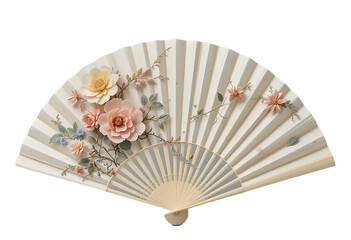 Elegant Traditional Japanese Hand Fan with Beautiful Floral Design and Bamboo Ribs, Cultural Accessory and Decorative Object with Transparent Background