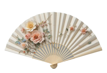 Elegant Traditional Japanese Hand Fan with Beautiful Floral Design and Bamboo Ribs, Cultural Accessory and Decorative Object with Transparent Background