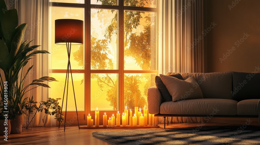 Aufkleber black lamp standing by a sofa and a row of candles lying on the floor in front of a window shedding 