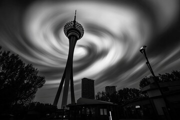 Tower against swirling clouds