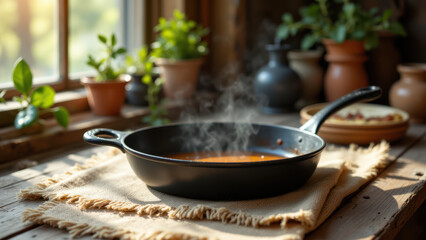 A cast iron skillet on a rustic wooden table with steam rising from the pan, suggesting food is being cooked.