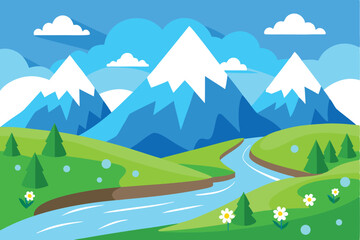 Fototapeta premium Cartoon mountain landscape showcases snowcapped peaks, winding river, green hills, trees, and white flowers