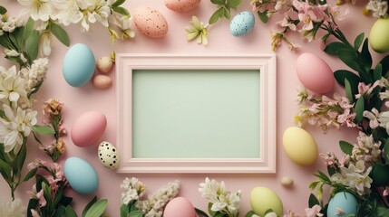 Happy Easter background with message, frame and easter eggs scene