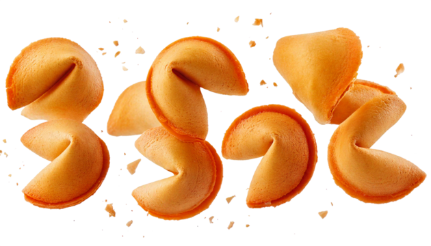 Flying Asian fortune cookies on a white transparent background, separated, displayed in a high-definition natural photo. The cookies, light and delicate, capture the essence of mystery and fortune in - Powered by Adobe