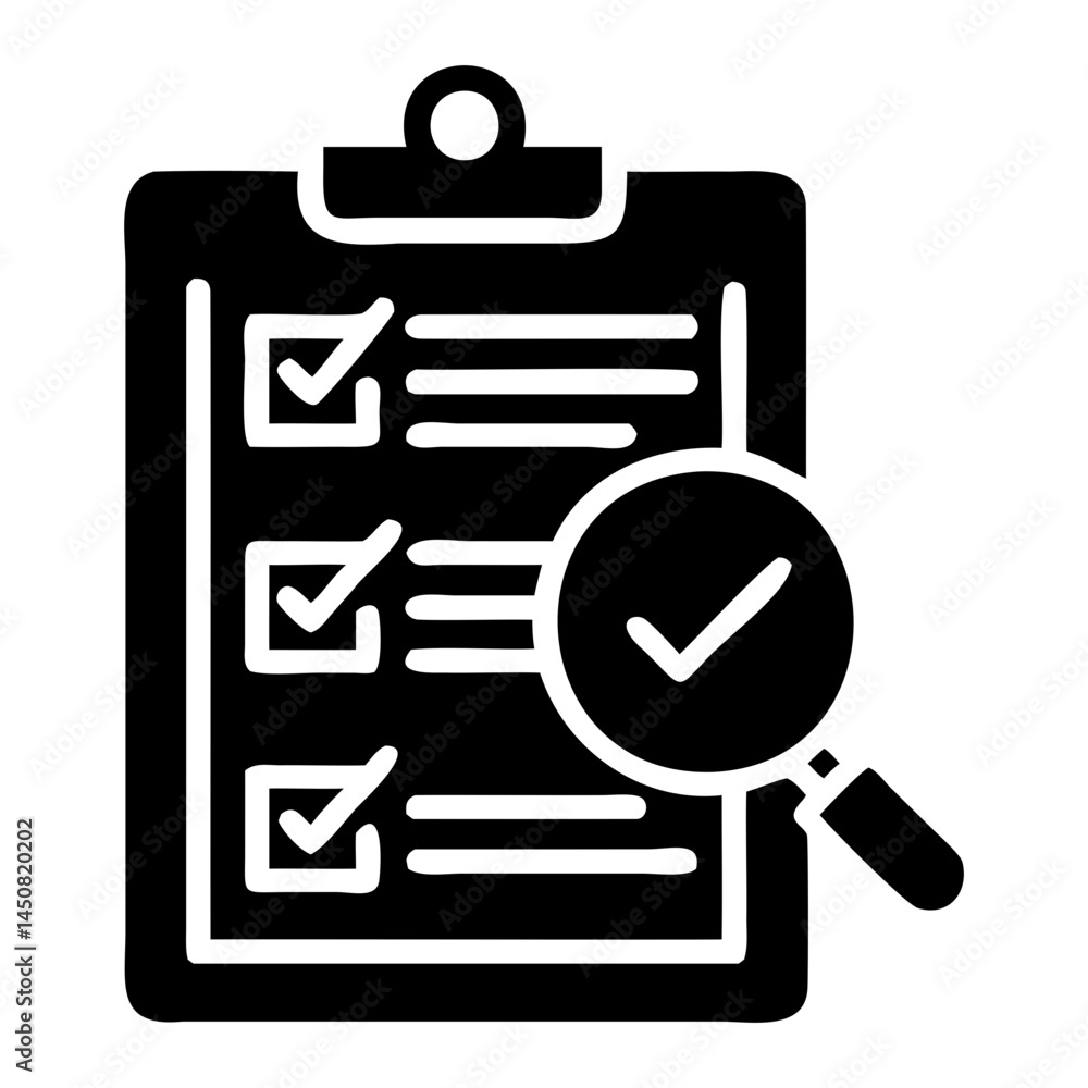 Poster checklist audit with magnifying glass for business process and task management vector icon illustrat