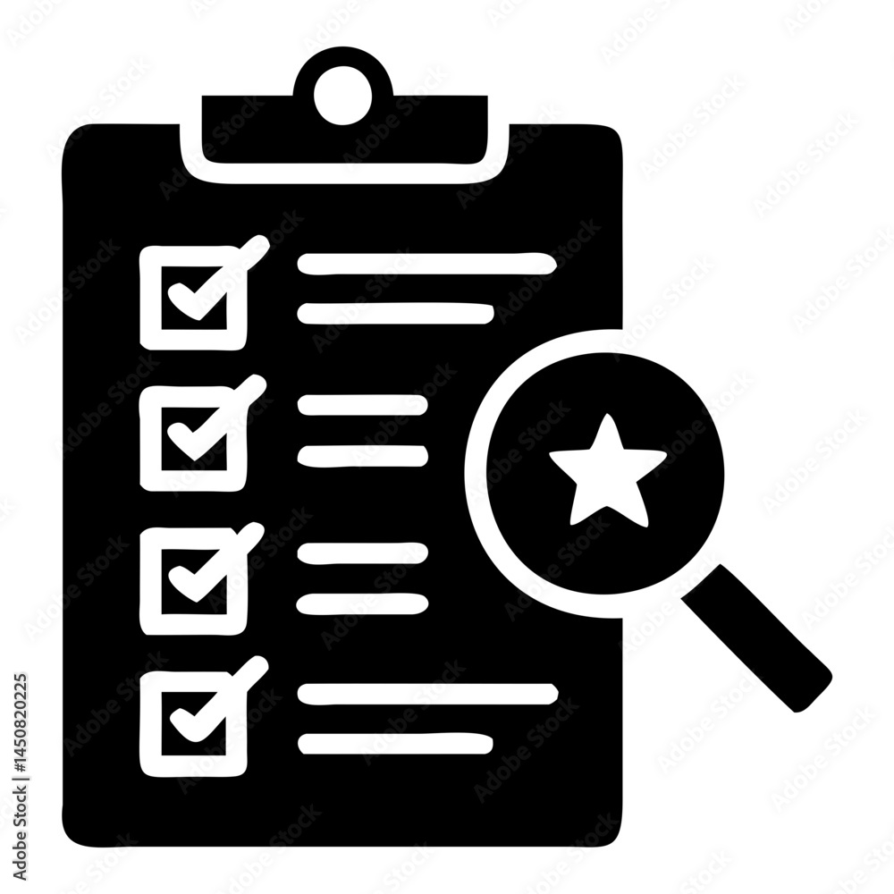 Aufkleber checklist clipboard with magnifying glass for quality control and task management vector illustratio