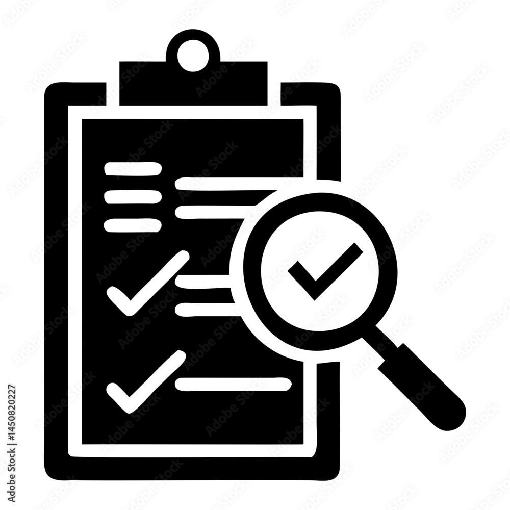 Poster checklist audit icon with magnifying glass for verification and task management process review compl