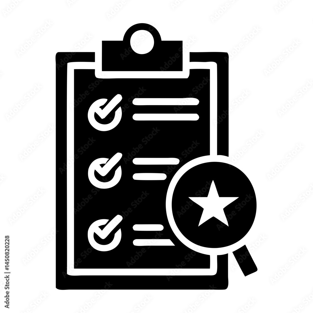 Poster checklist clipboard with magnifying glass and star icon vector for task management and priority list