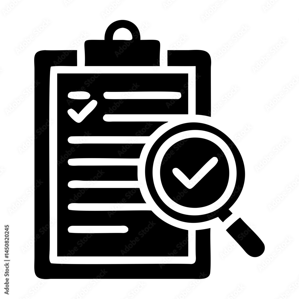Poster checklist audit with magnifying glass for inspection and verification process management and complia