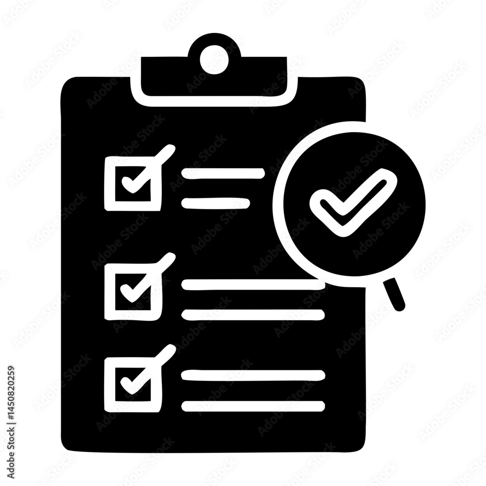 Poster checklist clipboard with magnifying glass icon for task management and project planning efficiency t