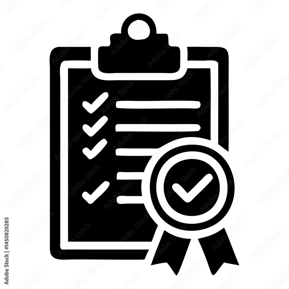 Poster checklist clipboard with checkmarks and approval stamp for task management and project completion pr
