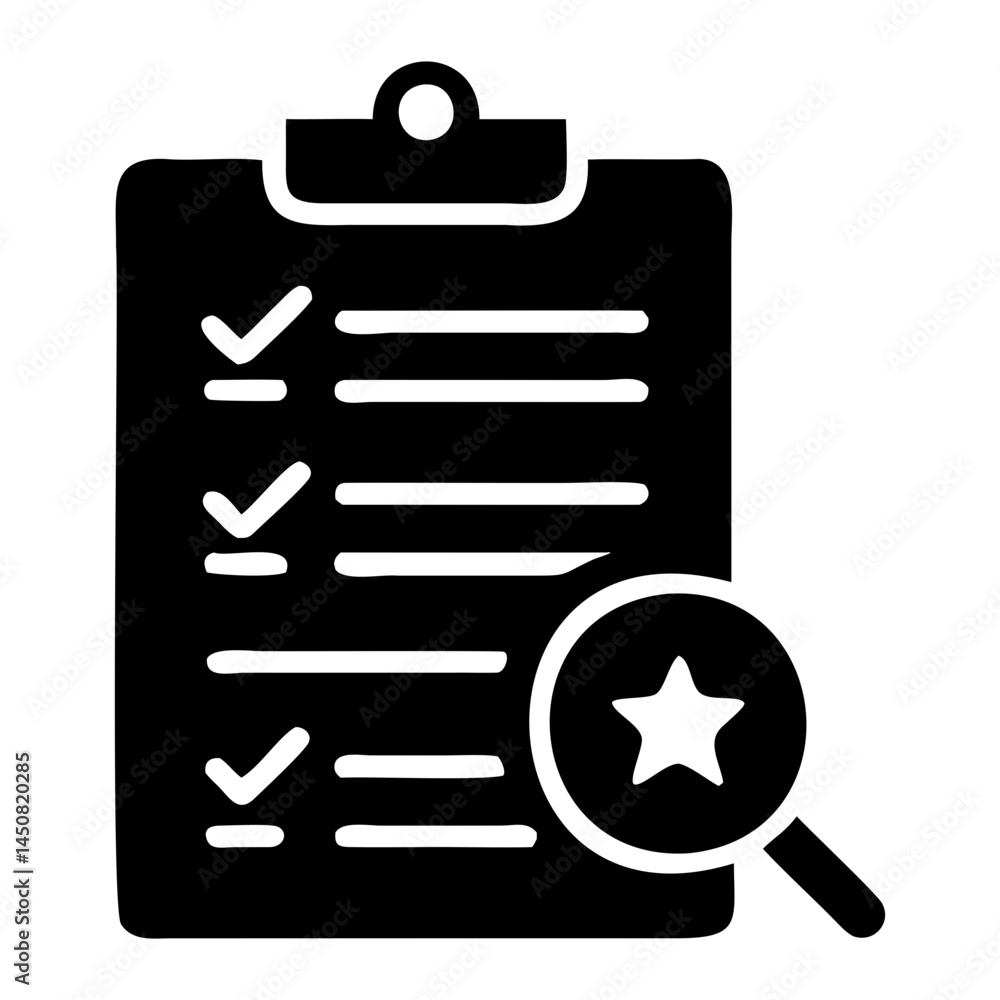 Poster checklist clipboard with magnifying glass for task management and quality control vector icon illust