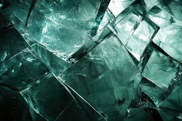 Obraz premium A mesmerizing close-up of shattered teal glass, showcasing intricate fracture patterns and sharp edges.