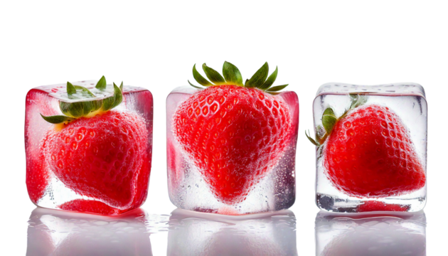 Strawberry frozen in ice cube appears delicately set against a crisp white transparent background, each piece beautifully separated, capturing the essence of freshness and the delicate balance of natu
