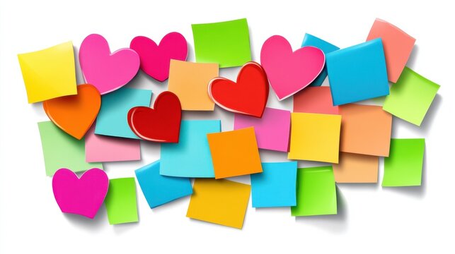 Colorful heart-shaped sticky notes arranged aesthetically conveying a cheerful spirit ideal for office celebrations on Administrative Professionals Day preparation