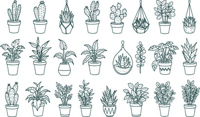 Houseplants line icon set. Vector pictograms of indoor plants, succulents, monstera, cactus in pot, bonsai, aloe vera, orchid, philodendron, peace 