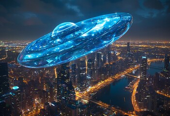 Obraz premium a luminous, translucent ufo hovers over a brightly lit cityscape at night, casting a cool glow upon the urban sprawl below.