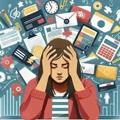 Young woman feeling stressed from excessive workload, surrounded by icons representing tasks, deadlines, and financial concerns