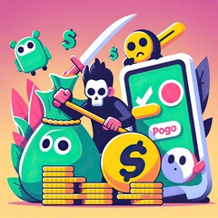 Cartoon hacker with scythe stealing money bag and gold coins from smartphone gaming app, illustrating mobile gaming security risks