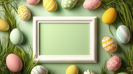 Happy Easter background with message, frame and easter eggs scene