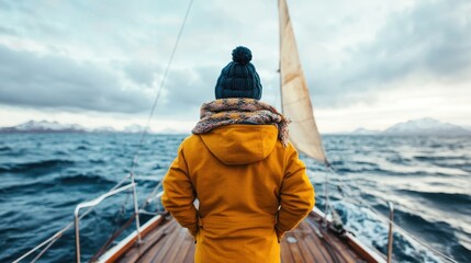 A person stands at the bow of a sailing boat, gazing at the turbulent sea against a dramatic sky, capturing the spirit of adventure and connection to nature.