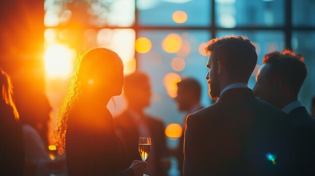 Networking event sunset, city backdrop