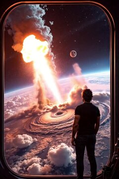 Slow motion meteor strike, epic sci-fi earth impact with fiery shockwaves and massive destruction