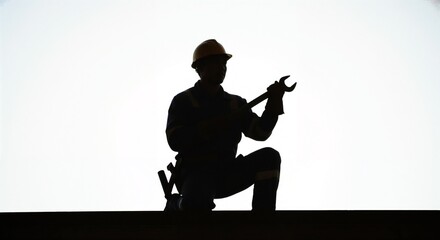 Worker silhouette holding wrench at construction site  