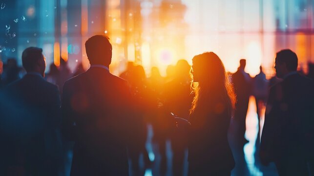 Networking event sunset silhouettes business people