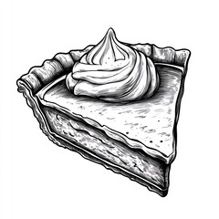 A slice of pumpkin pie with whipped cream topping, illustrated in black and white.