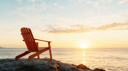 A simple yet striking red chair framed by golden hues of a sunset over a tranquil sea, presenting a peaceful and inviting scene that inspires thoughts of relaxation and connection with nature.